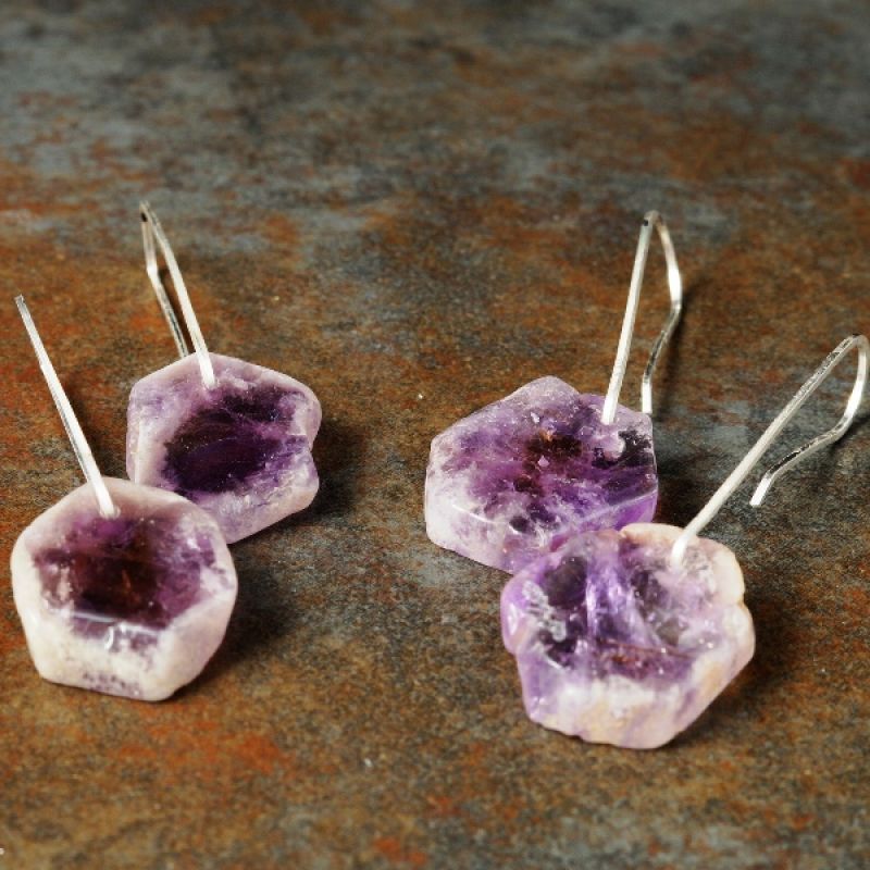 Handmade sterling silver amethyst slice earrings